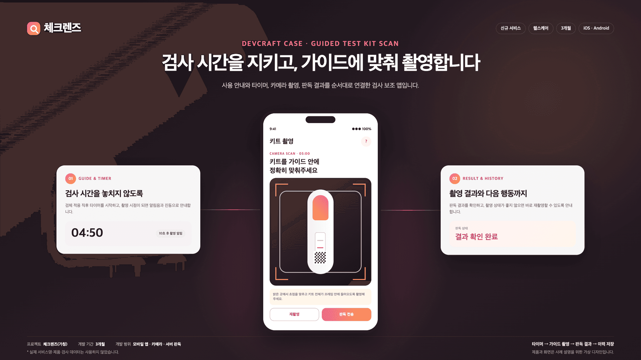 검사 시간 안내와 키트 카메라 촬영, 판독 결과 흐름을 보여주는 체크렌즈 모바일 앱 개발 사례