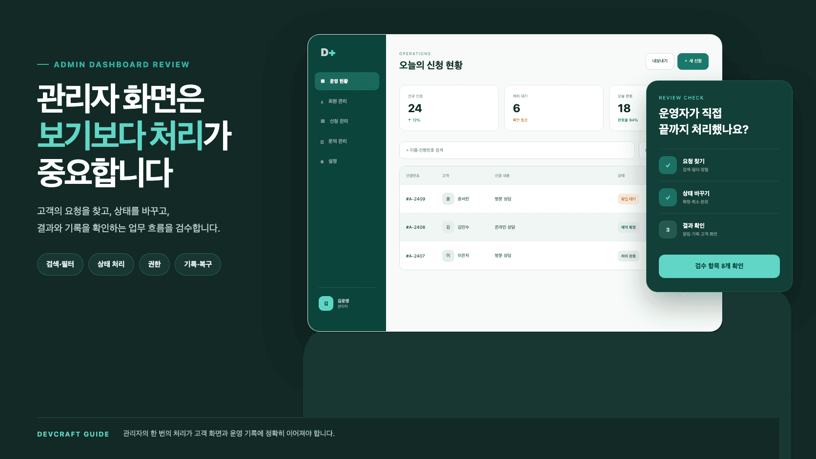앱 관리자 대시보드에서 신청 검색, 상태 처리, 권한과 기록을 실제 운영자가 검수하는 화면