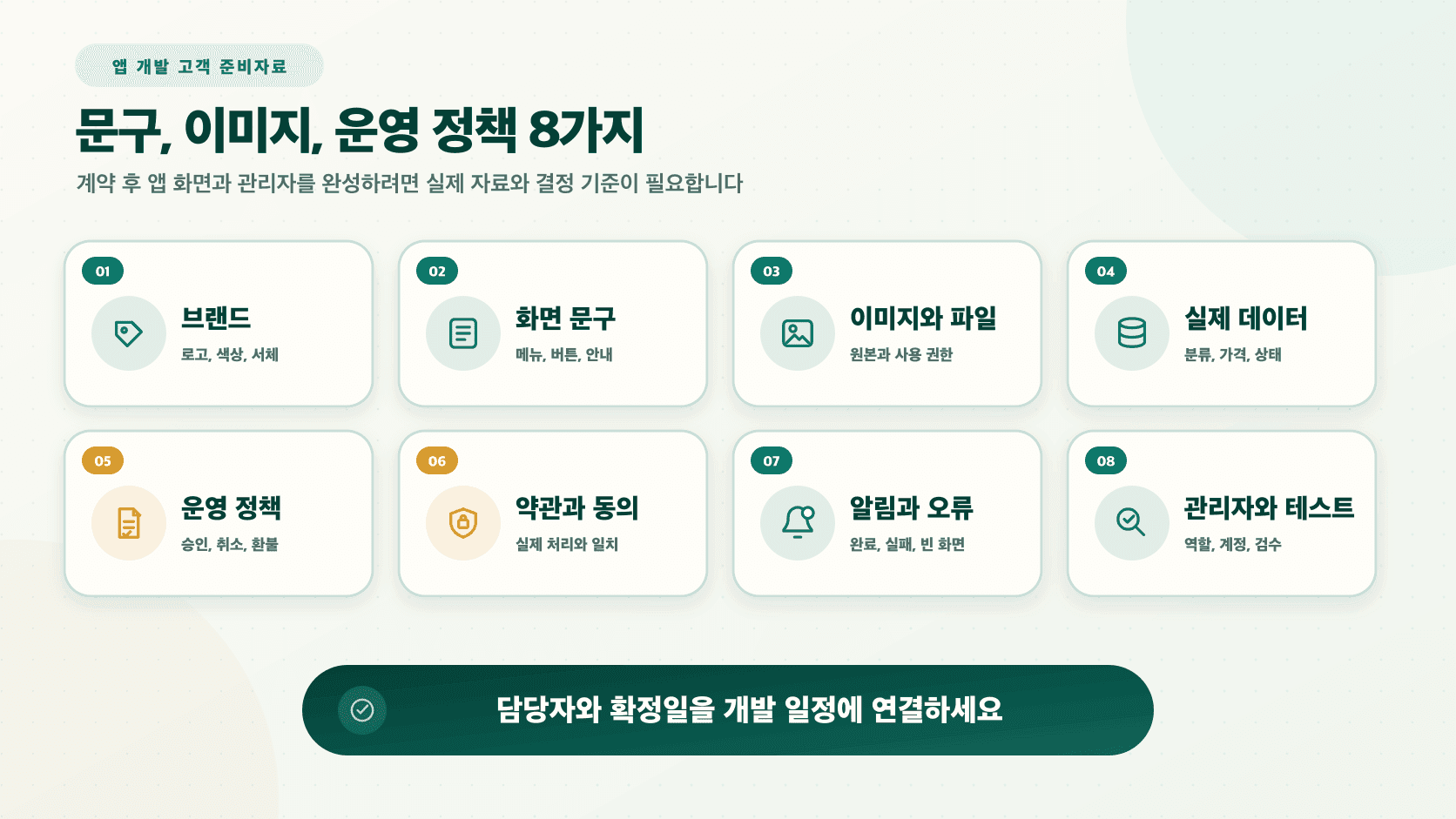 브랜드, 화면 문구, 이미지, 실제 데이터, 운영 정책, 약관, 알림과 테스트 자료로 나눈 앱 개발 고객 준비자료 8가지