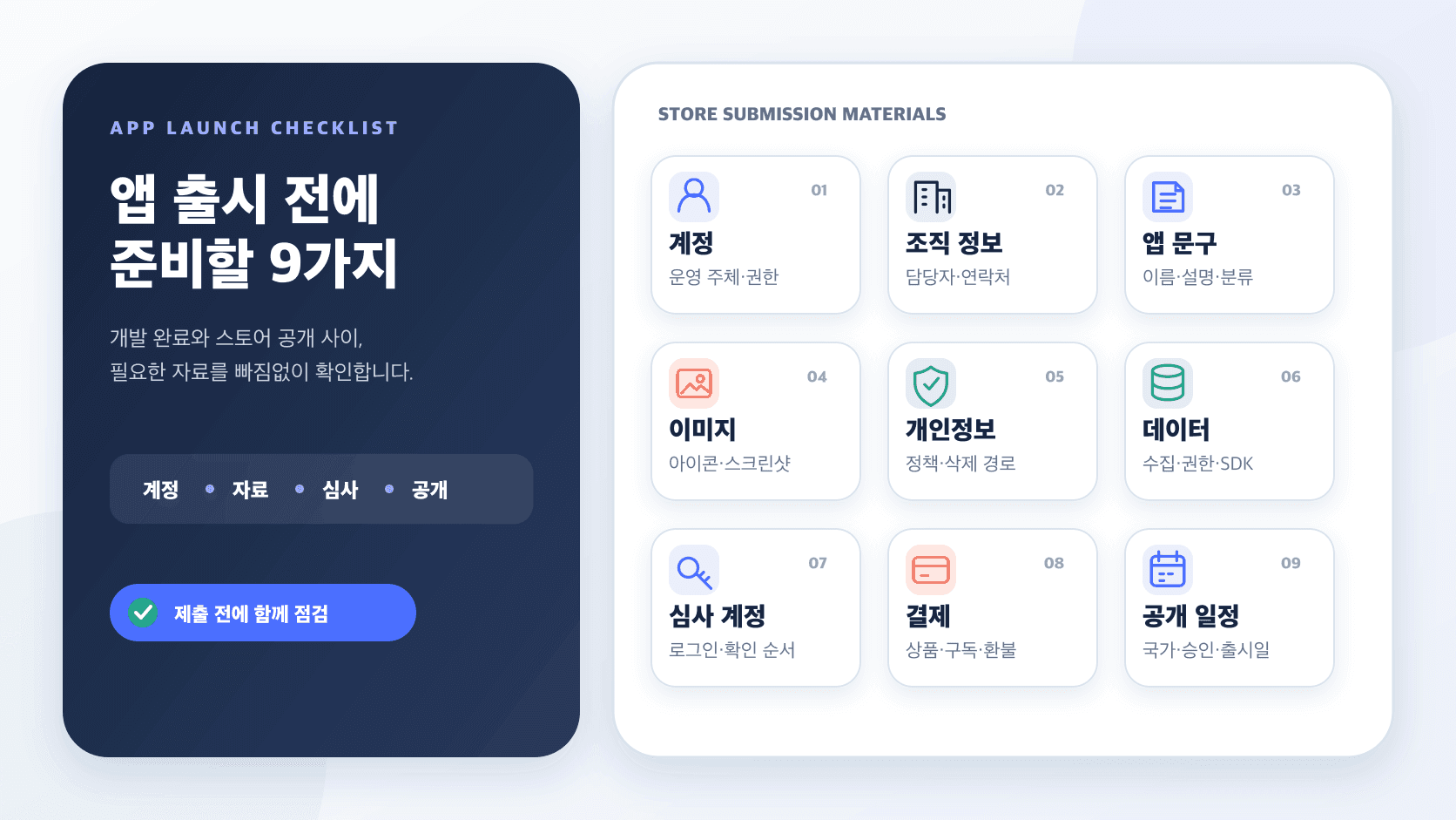 앱스토어와 플레이스토어 출시 전에 준비할 개발자 계정, 앱 정보, 이미지, 개인정보, 데이터, 심사 계정, 결제와 공개 일정 아홉 가지