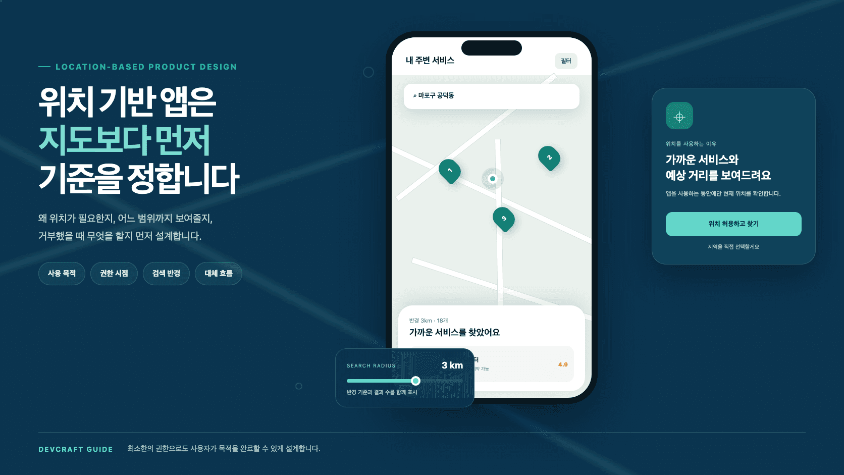 위치 기반 앱에서 지도 화면, 검색 반경, 위치 사용 이유와 직접 지역 선택 대안을 함께 보여주는 화면