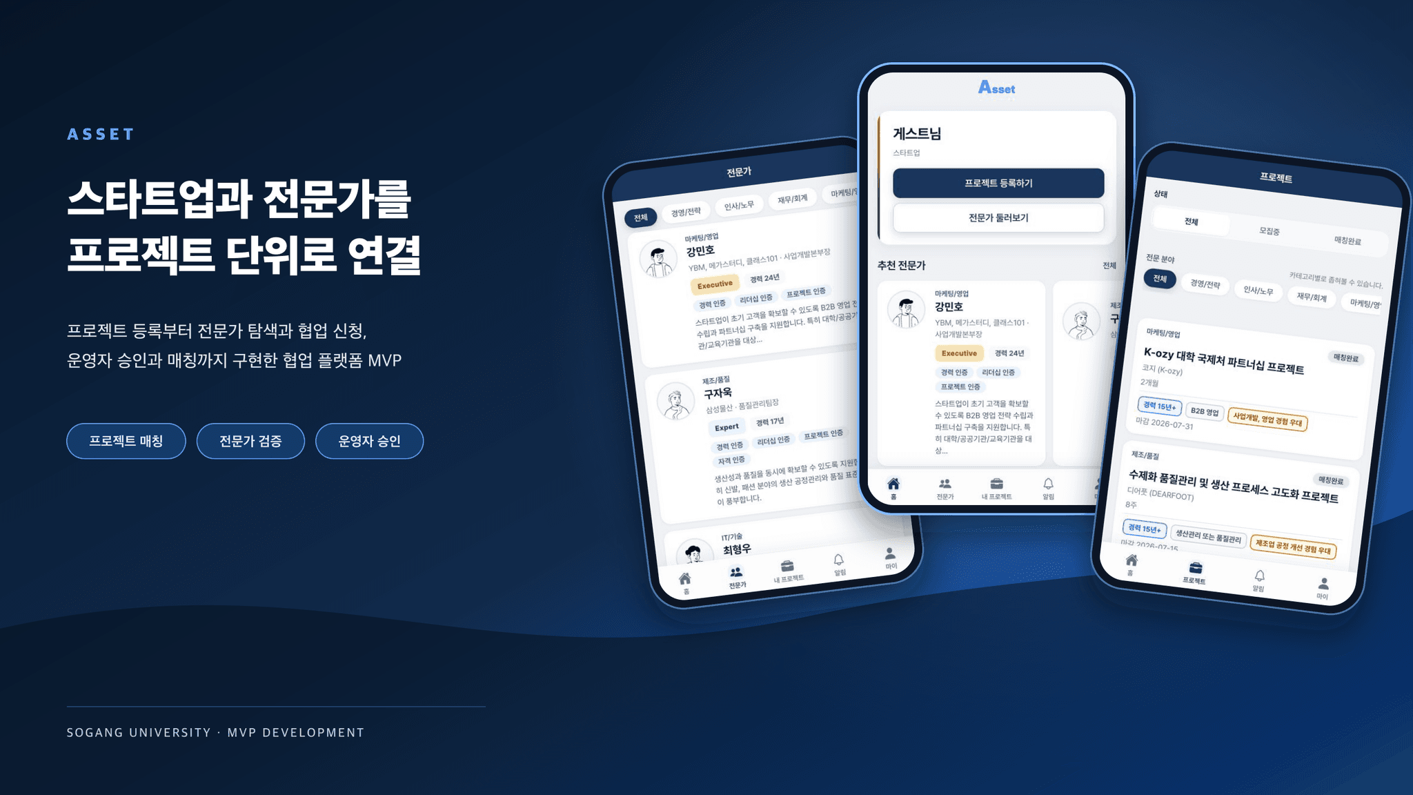 스타트업·전문가 협업 플랫폼 ASSET 전문가 매칭 플랫폼 개발 대표 화면
