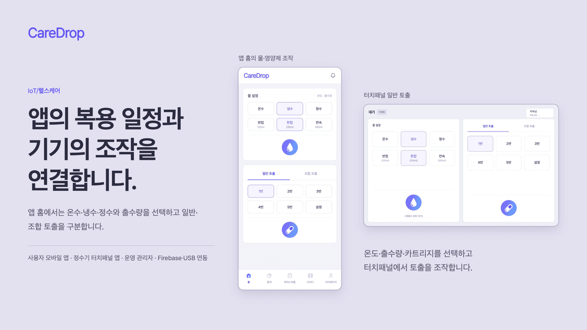 케어드롭 모바일 앱의 물·영양제 조작과 정수기 터치패널 화면