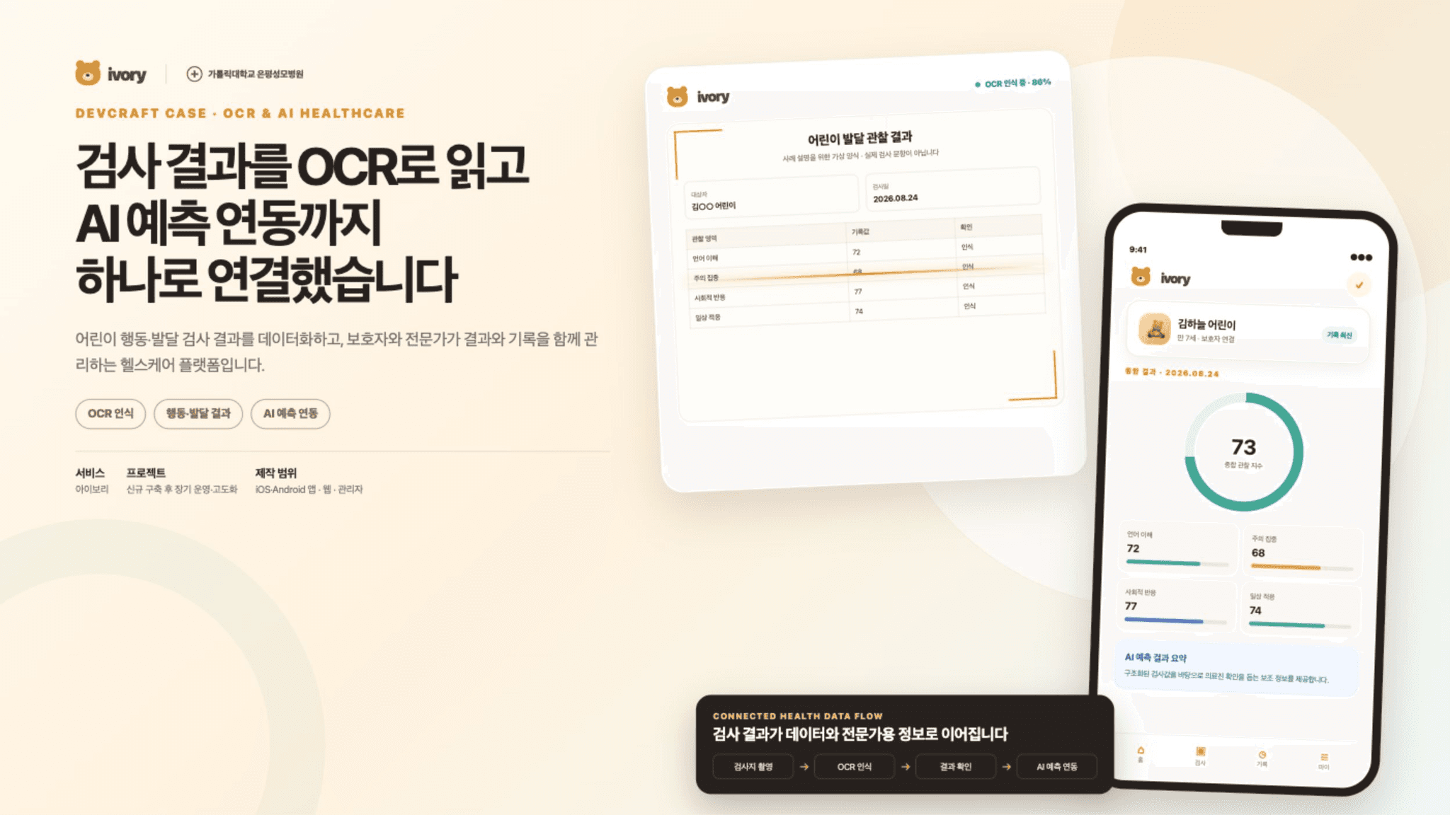 어린이 행동·발달 검사 결과를 OCR로 인식하고 AI 예측 결과까지 연결한 헬스케어 플랫폼 ‘아이보리’ 대표 이미지