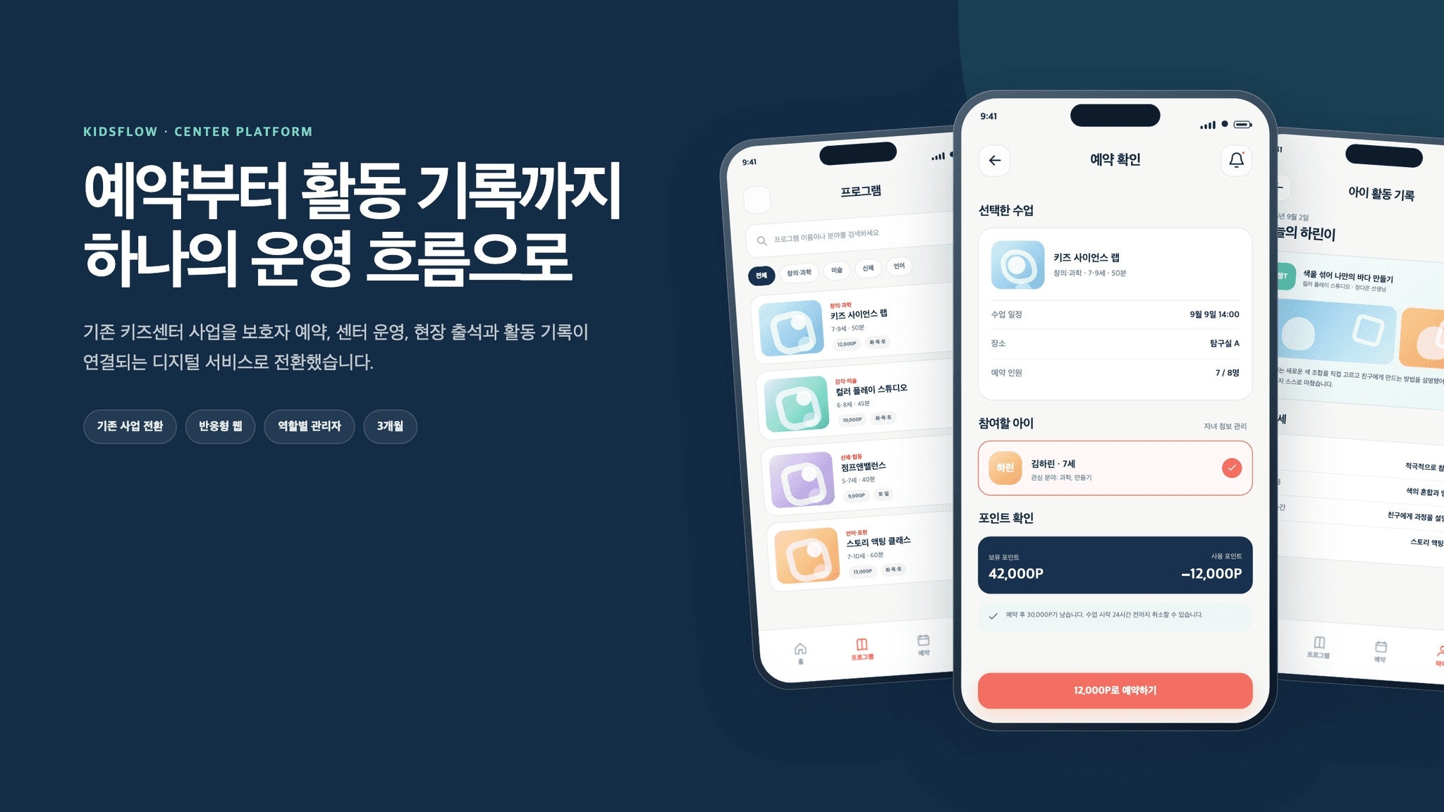보호자 예약부터 현장 출석·활동 기록까지 연결한 키즈센터 운영 플랫폼 ‘키즈플로우’ 대표 이미지